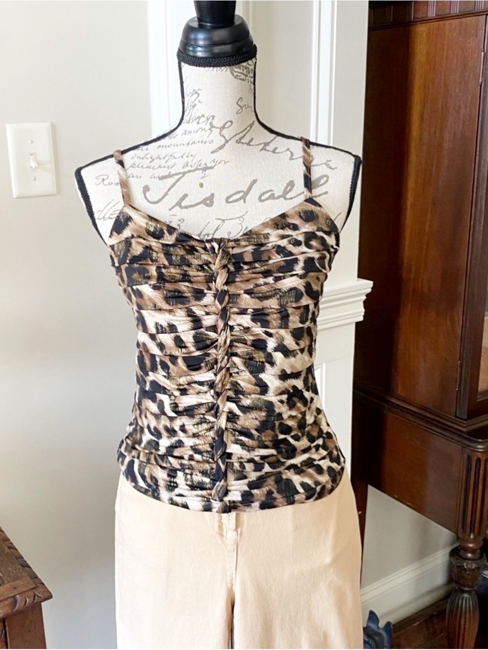 CACHE Y2K Leopard Print Ruched Cami Top - Brown Black